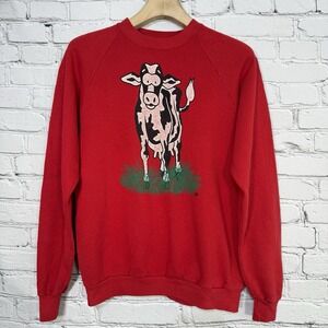 Vintage 80s Cow 2 Sided Sweatshirt Adult L Jerzees Farm Crewneck Nature Red